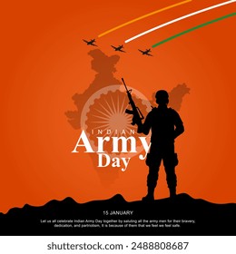 Vector illustration of Indian army day. Silhouette of soldier saluting concept on military orange background.