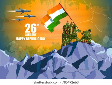 Vector Illustration Of Indian Army With Flag For Happy Republic Day Of India