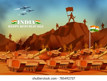 Vector Illustration Of Indian Army With Flag For Happy Republic Day Of India