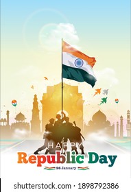 Vector illustration of Indian army parade on India gate with flag. 26 January Happy Republic Day of India celebration