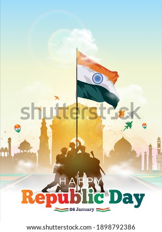 Vector illustration of Indian army parade on India gate with flag. 26 January Happy Republic Day of India celebration