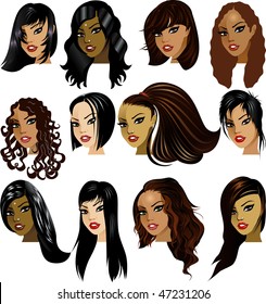 Vector Illustration of Indian, Asian, Oriental, Middle Eastern and Hispanic Women Faces. Great for avatars, makeup, skin tones or hair styles of dark haired women.