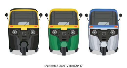 Vector illustration of Indian Auto rickshaw, Three wheeler Vector illustration, Indian Auto Ricksha illustration,  auto rickshaw vector drawing, tuk tuk drawing, electric, CNG , diesel, petrol auto
