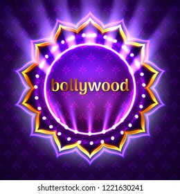 Vector Illustration Of Indian Bollywood Cinema Sign Board, Neon Illuminated Banner With Golden Logo Isolated On Violet Floral Background