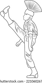 A vector illustration of an Indian border guard in a brown uniform and a red hat resembling a fan.