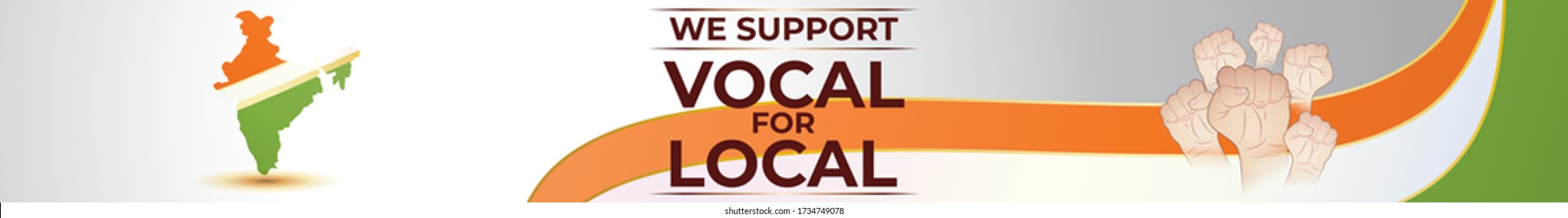ILUSTRACIÓN DE VECTORES PARA LA CAMPAÑA INDIA "VOCAL POR LOCAL", MAPA INDIA TRICOLOR EN EL FONDO DE LA BANDERA CON MANO UNIDA MOSTRANDO APOYO, CAMPAÑA DURANTE EL BROTE GLOBAL COVID-19.