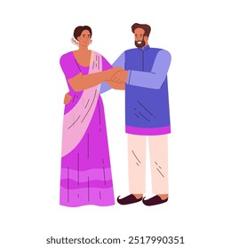 Ilustración vectorial de personajes indios en ropa tradicional de boda sobre fondo aislado. Novia y novio juntos de pie tomados de la mano. En estilo plano de dibujos animados.