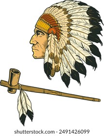 Vector illustration Indian chief and smoking pipe