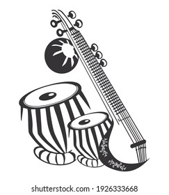 Vector illustration of Indian Classical Music Instrument Sitar and Dholak