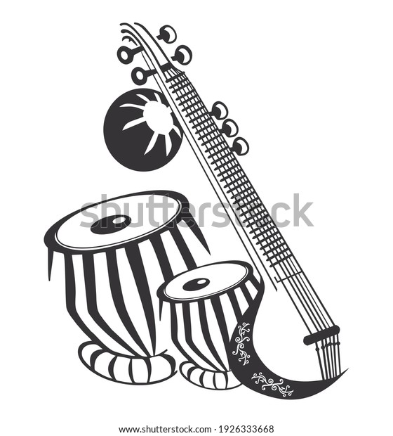 Vector illustration of Indian Classical Music\
Instrument Sitar and\
Dholak