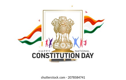 vector illustration of Indian constitution day celebration.People celebrating with tricolor flag Ashoka Chakra and democracy Low book poster design