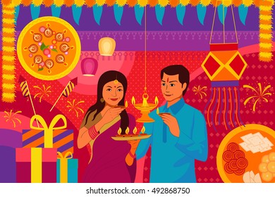 vector illustration of Indian couple with diya Happy Diwali festival background kitsch art India