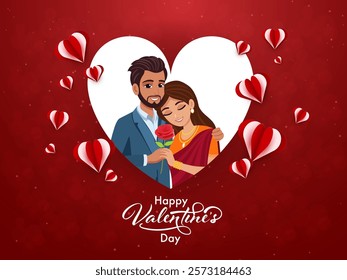 Vector Illustration of Indian Couple Holding Red Rose Surrounded by Paper Hearts on Red Background for Happy Valentine's Day Greeting Card.