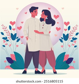 Ilustração vetorial do casal indiano abraçando-se no amor e de pé rodeado por flores e plantas