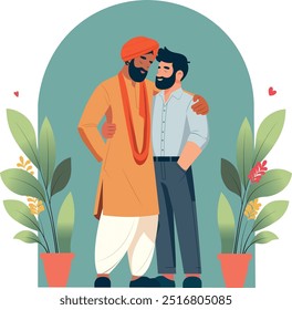 Vector illustration of an Indian couple in love hugging and standing together