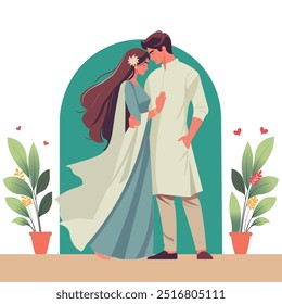 Vector illustration of an Indian couple in love hugging and standing together