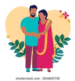 Vector illustration of an Indian couple in national costumes. A couple of loving spouses. Woman in sari and Man with beard.
Natural heart background with flowers.  