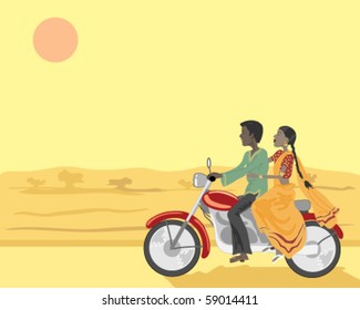 vector illustration of an indian couple riding a motorbike under the setting sun