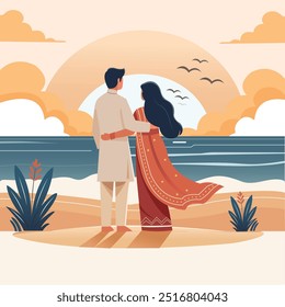 Vector illustration of an Indian couple standing on the beach and watching sunset romantically hugging each other with love