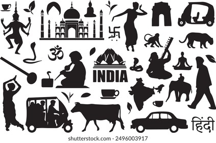 Vector Illustration of Indian Culture Icons: Silhouettes of People, Indian Taxi, Snake Charmer, Dancer, Tea, Coffee, India Borders, Animals, Elephant, Tiger, Monkey. EPS 10