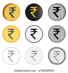 Ilustración vectorial de la moneda india, nueve opciones de rupias en vector. Iconos de la rupia india de diferentes estilos.
