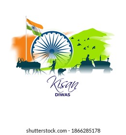 Vector Illustration For Indian Day Kisan Diwas Means Farmer Days.
Written Hindi Text Means Farmer Day, Indian Flag With Tricolor Backdrop, National Emblem 