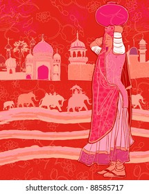 Vector illustration of Indian decor with a woman and elephants