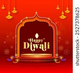 Vector illustration of Indian Diwali background. Podium, home decorated with lights, and a vibrant red background. Greeting, Post card, poster, banner and social media template.