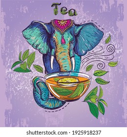 Vector illustration. Indian Elephant holding a cup of tea with leaves and lemon in his trunk. The inscription Tea