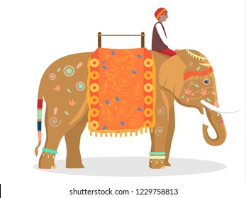Vector illustration of Indian elephant with lots of decoration with rider isolated. Elephant ride.