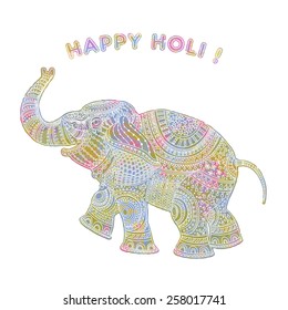 Vector illustration of Indian elephant silhouette with white ethnic tribal ornament and watercolor texture on white background