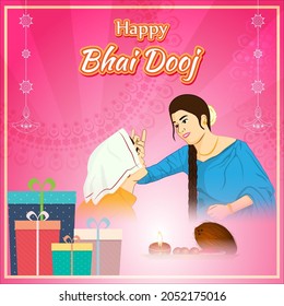 vector illustration of Indian family celebrating Bhai Dooj during Happy Diwali festival background, the festival of sister-brother love bonding.