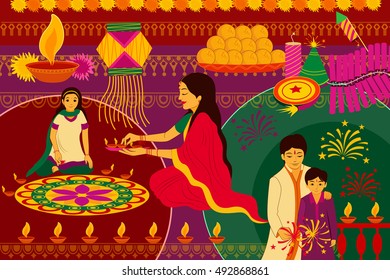 vector illustration of Indian family celebrating Happy Diwali festival background kitsch art India