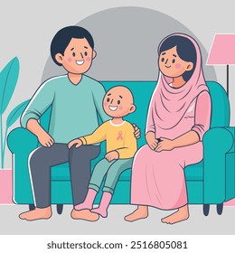 Vector illustration of an Indian family happily sitting and supporting their cancer survivour child