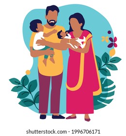 Vector illustration of an Indian family in national costumes with children in their arms. A couple of loving parents with kids. Mother in sari and father with beard.
Fluid natural background  