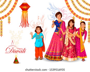 vector illustration of Indian family people celebrating Happy Diwali festival holiday of India