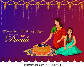 vector illustration of Indian family people celebrating Happy Diwali festival holiday of India