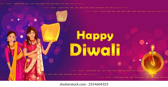 vector illustration of Indian family people celebrating Happy Diwali festival holiday of India