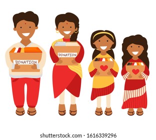 Vector Illustration of Indian Family of Volunteers are Holding Donation Boxes in Cartoon Flat Style. Concept Design of Charity and Social Care. Adult Couple and Teens Prepared Old Clothes for Donation