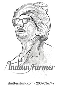 Dibujo vectorial de un agricultor indio, Line art de un anciano, un aldeano indio mirando hacia arriba