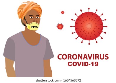 Vector Illustration of Indian Farmer Wearing n95-01-01 mask, protection from Corona Virus