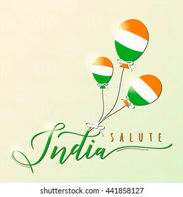 Vector illustration of Indian felicitation theme on seamless wheel background. Salute india. Republic and Independence day greeting card with endless backdrop, balloon, light effect. Print, web design