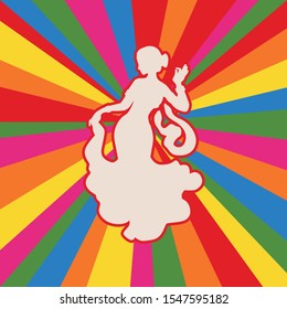 Vector Illustration Indian Female Actor Dancing. Silhouette On A Multicolored Background. Cinema Bollywood Dance. Indian Movie Style Dancing. Monochrome Coloring.