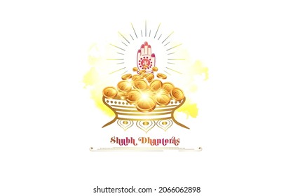 vector illustration of Indian festival Dhanteras and Diwali background with Goddess Lakshmi, Laxmi blessing hand golden coins and jewellery pot