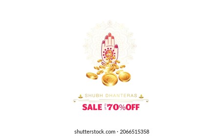 vector illustration of Indian festival Dhanteras background Sales poster with Goddess Lakshmi, Laxmi blessing hand golden coins and jewellery