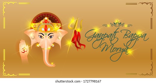 VECTOR ILLUSTRATION FOR INDIAN FESTIVAL GANPATI BAPPA MORYA MEANS GANPATI BAPPA MORYA, ILLSUTRATION IS SHOWING LORD GANESHA  GLORY FACE ON GOLDEN BACKGROUND