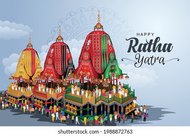 vector illustration for Indian festival With happy Chariot Journey, temple on chariot with wheel and shiny background with sky, rath yatra