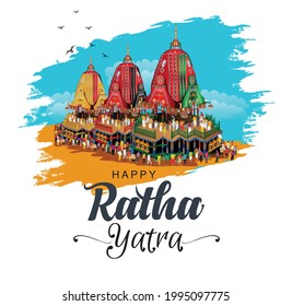 vector illustration for Indian festival With happy Chariot Journey, temple on chariot with wheel and shiny background with sky, rath yatra