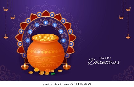 Ilustración vectorial del festival indio Happy Dhanteras Plantilla. Monedas de oro en olla para dhanteras en el fondo de la celebración del festival