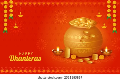 Vector illustration of indian festival happy dhanteras template. Gold coins in pot for dhanteras on festiva celebration background